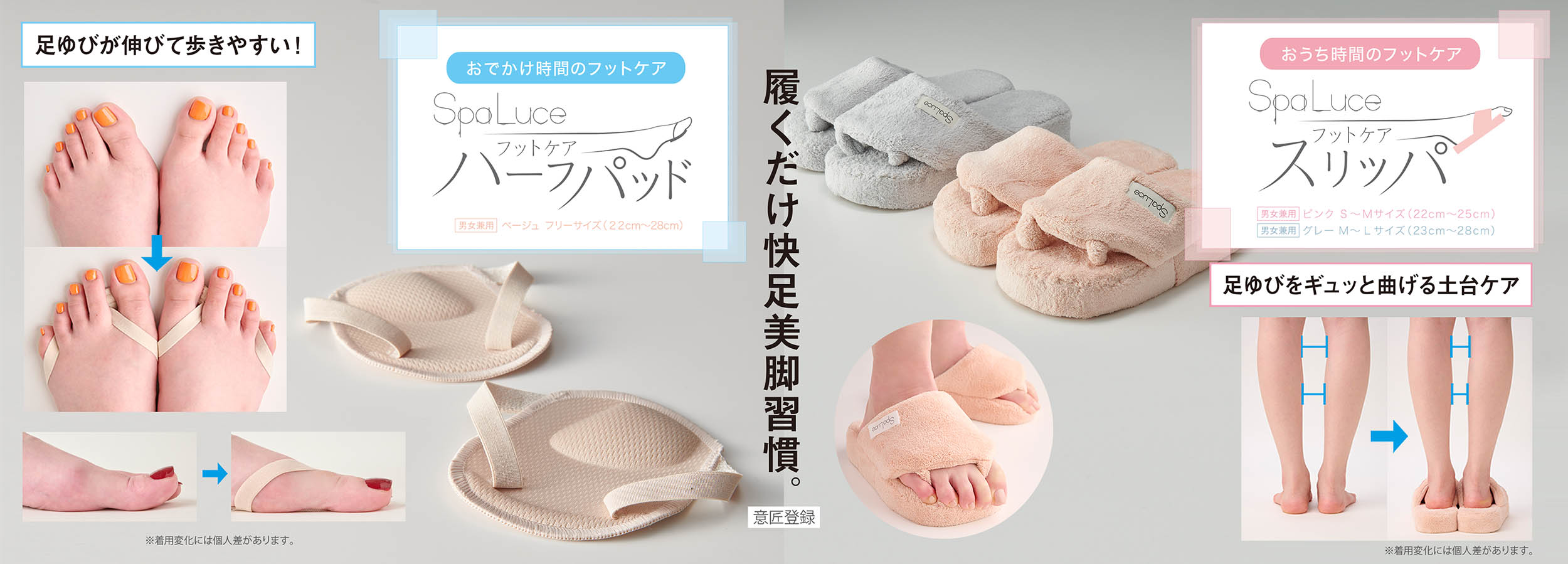 SpaLuce Footcare Slippers, Pink (S-M)/ Gray (M-L)